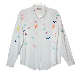 Mara Hoffman Embroidered Bird Print Button Front Blouse White M Boho Long Sleeve